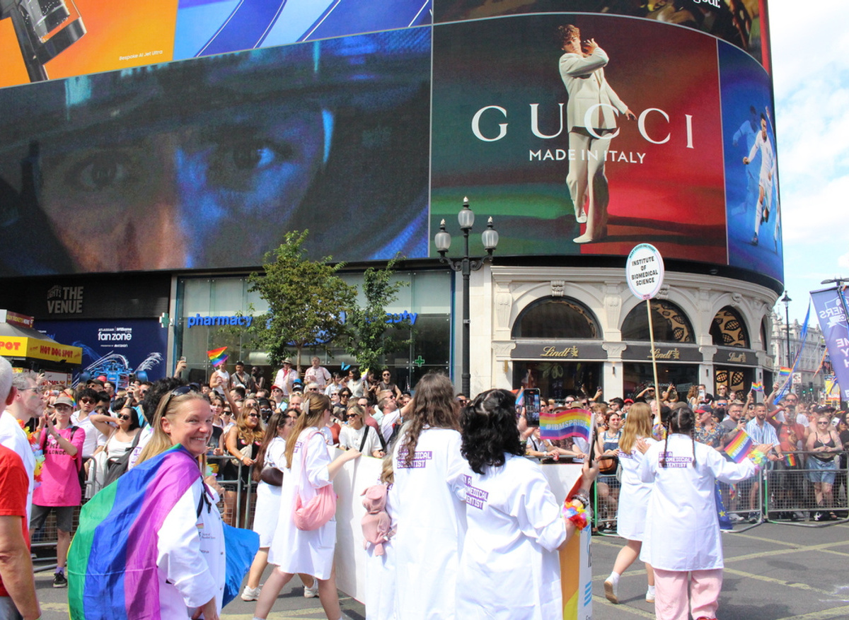Passing through Piccadilly Circus during the parade