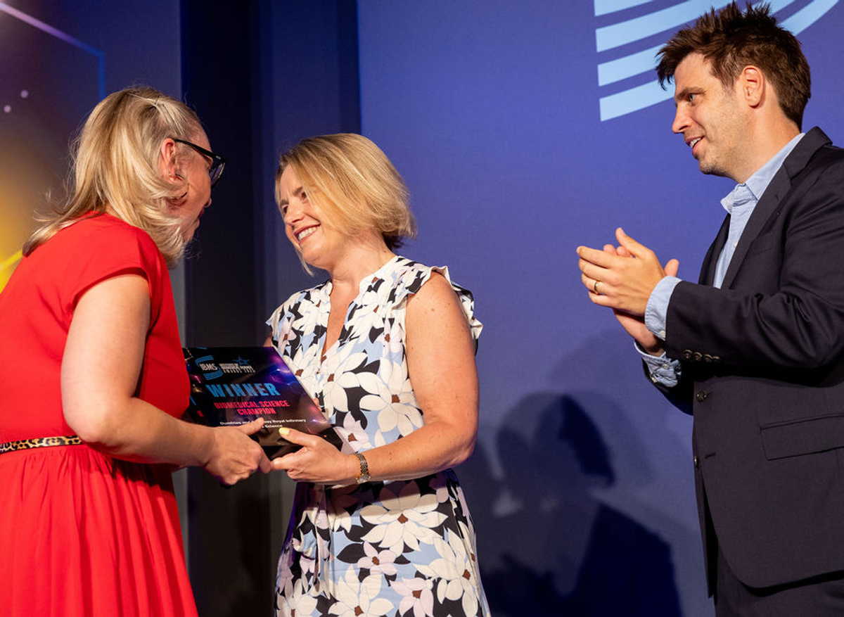 Gayle, IBMS President Joanna Andrew and host Dr Ed Patrick